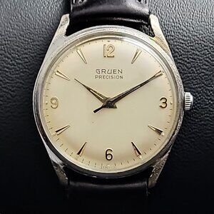 Vintage Gruen Precision Men’s Mechanical Watch – Silver Case, Cream Dial